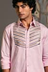 Siddartha Tytler_Pink Cotton Satin Embroidered Metallic Stripes Plain Collared Shirt _Online_at_Aza_Fashions