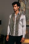 Buy_Siddartha Tytler_Grey Lycra Satin Embroidered Beads Panel Shirt _Online_at_Aza_Fashions