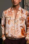 Siddartha Tytler_Beige Bemberg Satin Printed Bumble Bee Floral Bomber Jacket _Online_at_Aza_Fashions