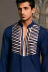 Siddartha Tytler_Blue Blended Linen Embroidered Stripped Metallic Kurta _Online_at_Aza_Fashions