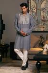 Buy_Siddartha Tytler_Grey Blended Linen Embroidered Stripped Metallic Yoke Kurta _at_Aza_Fashions