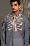 Siddartha Tytler_Grey Blended Linen Embroidered Stripped Metallic Yoke Kurta _Online_at_Aza_Fashions