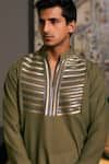 Siddartha Tytler_Green Blended Linen Embroidered Stripped Geometric Pattern Kurta _Online_at_Aza_Fashions