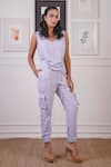 Buy_Ankur J_Purple Crepe Linen Textured V-neck Cut-out Crop Top With Joggers _at_Aza_Fashions