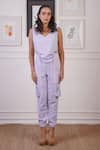 Ankur J_Purple Crepe Linen Textured V-neck Cut-out Crop Top With Joggers _Online_at_Aza_Fashions