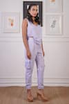 Shop_Ankur J_Purple Crepe Linen Textured V-neck Cut-out Crop Top With Joggers _Online_at_Aza_Fashions