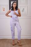 Ankur J_Purple Crepe Linen Textured V-neck Cut-out Crop Top With Joggers _at_Aza_Fashions