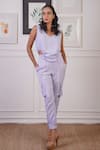 Ankur J_Purple Crepe Linen Textured V-neck Cut-out Crop Top With Joggers _Online