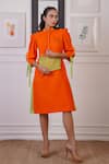 Buy_Ankur J_Orange Organic Cotton Linen Slogan Mandarin Collar Placed Dress _at_Aza_Fashions