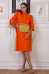 Shop_Ankur J_Orange Organic Cotton Linen Slogan Mandarin Collar Placed Dress _Online_at_Aza_Fashions