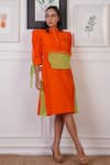 Ankur J_Orange Organic Cotton Linen Slogan Mandarin Collar Placed Dress _at_Aza_Fashions