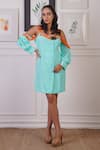 Buy_Ankur J_Blue Linen Crepe Embellished Harness Square Cold Shoulder Dress _at_Aza_Fashions