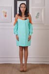 Ankur J_Blue Linen Crepe Embellished Harness Square Cold Shoulder Dress _Online_at_Aza_Fashions