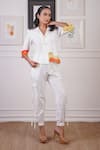 Ankur J_White Linen Textured Crochet Lapel Collar Lace Embellished Blazer With Joggers _at_Aza_Fashions