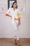 Buy_Ankur J_White Linen Textured Crochet Lapel Collar Lace Embellished Blazer With Joggers 