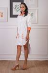 Ankur J_White Oxford Crochet Shirt Collar Pattern High-low Dress _at_Aza_Fashions