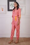 Shop_Ankur J_Pink Linen Embellished Belt Strips Lapel Pocket Pattern Blazer With Joggers _Online_at_Aza_Fashions