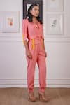 Ankur J_Pink Linen Embellished Belt Strips Lapel Pocket Pattern Blazer With Joggers _at_Aza_Fashions