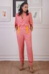 Shop_Ankur J_Pink Linen Embellished Belt Strips Lapel Pocket Pattern Blazer With Joggers 