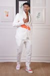 Ankur J_White Linen Hand Paint Blazer And Pant Set _at_Aza_Fashions