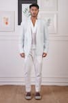 Ankur J_White Crochet Plain Pattern Blazer And Pant Set _Online_at_Aza_Fashions