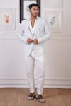 Ankur J_White Crochet Plain Pattern Blazer And Pant Set _at_Aza_Fashions