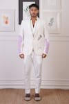 Ankur J_White Crochet Abstract Cutwork Pattern Blazer And Pant Set _Online_at_Aza_Fashions