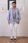 Ankur J_Blue Crochet Textured Blazer And Pant Set _Online_at_Aza_Fashions