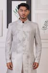 Ankur J_Grey Cotton With Silk Mesh Embroidery Tonal Thread Sherwani Pant _Online_at_Aza_Fashions