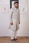 Shop_Ankur J_Grey Cotton With Silk Mesh Embroidery Tonal Thread Sherwani Pant _Online_at_Aza_Fashions