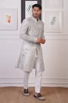 Ankur J_Grey Cotton With Silk Mesh Embroidery Tonal Thread Sherwani Pant _at_Aza_Fashions