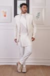 Buy_Ankur J_White Cotton With Silk Mesh Embroidery Mirror Short Jacket And Pant Set _at_Aza_Fashions