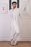 Buy_Ankur J_White Cotton With Silk Mesh Embroidery Mirror Cluster Sherwani And Pant Set _at_Aza_Fashions