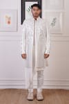 Ankur J_White Cotton With Silk Mesh Embroidery Mirror Cluster Sherwani And Pant Set _Online_at_Aza_Fashions