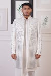 Buy_Ankur J_White Cotton With Silk Mesh Embroidery Mirror Cluster Sherwani And Pant Set _Online_at_Aza_Fashions