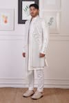 Shop_Ankur J_White Cotton With Silk Mesh Embroidery Mirror Cluster Sherwani And Pant Set _Online_at_Aza_Fashions