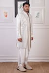 Ankur J_White Cotton With Silk Mesh Embroidery Mirror Cluster Sherwani And Pant Set _at_Aza_Fashions