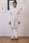 Ankur J_White Cotton With Silk Mesh Embroidery Mirror Floral Sherwani Pant _Online_at_Aza_Fashions