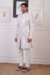 Ankur J_White Cotton With Silk Mesh Embroidery Mirror Floral Sherwani Pant _at_Aza_Fashions