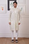 Ankur J_White Cotton With Silk Mesh Embroidery Mirror Tie Dye Work Kurta Pant _Online_at_Aza_Fashions