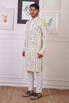 Ankur J_White Cotton With Silk Mesh Embroidery Mirror Tie Dye Work Kurta Pant _at_Aza_Fashions