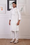 Ankur J_White Linen Placement Embroidery Floral Cutwork Detail Kurta With Pant _at_Aza_Fashions