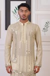 Ankur J_Cream Cotton With Silk Mesh Embroidery Mirror Linear Kurta Pant _Online_at_Aza_Fashions