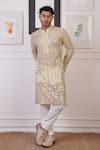 Ankur J_Cream Cotton With Silk Mesh Embroidery Mirror Linear Kurta Pant _Online