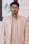 Buy_Ankur J_Peach Cotton With Silk Mesh Embroidery Mirror Sherwani Pant Set _Online_at_Aza_Fashions