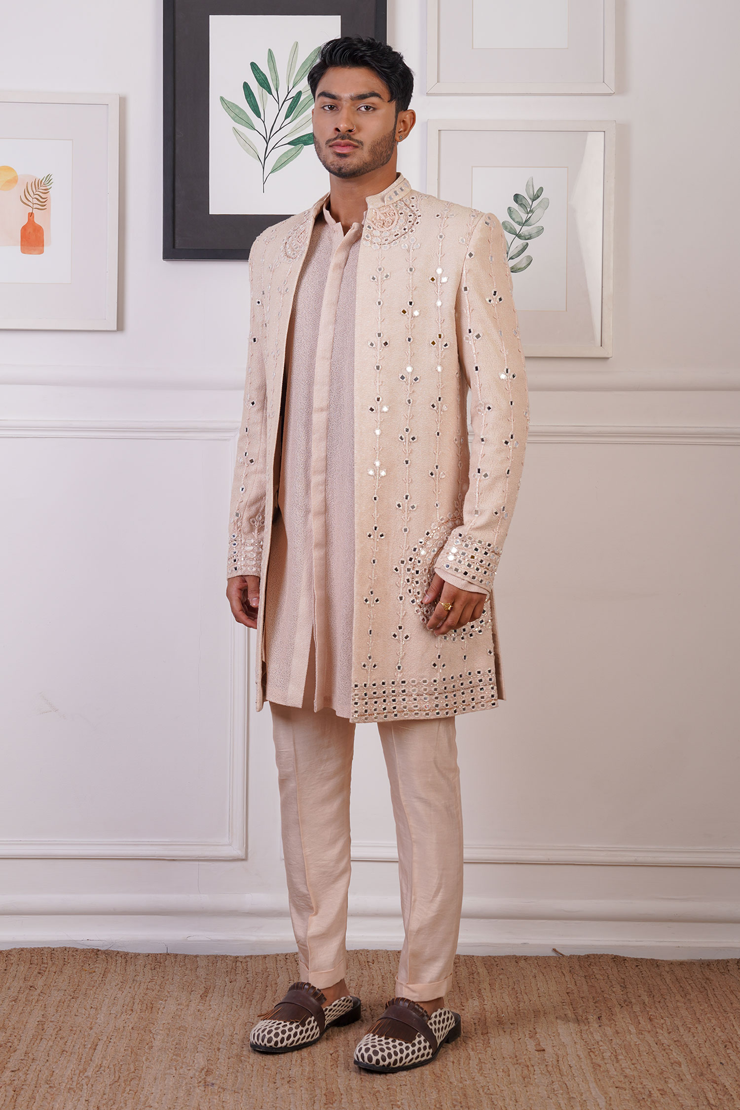 Buy_Ankur J_Peach Cotton With Silk Mesh Embroidery Mirror Sherwani Pant Set 