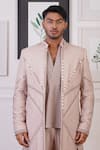 Buy_Ankur J_Peach Cotton With Silk Mesh Embroidery Mirror Asymmetric Work Sherwani Pant Set _Online_at_Aza_Fashions