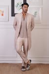 Buy_Ankur J_Peach Cotton With Silk Mesh Embroidery Mirror Asymmetric Work Sherwani Pant Set _Online