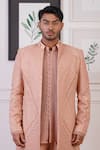 Buy_Ankur J_Peach Cotton With Silk Mesh Embroidery Mirror Asymmetric Sherwani Pant Set _Online_at_Aza_Fashions