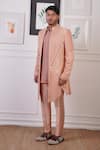 Buy_Ankur J_Peach Cotton With Silk Mesh Embroidery Mirror Asymmetric Sherwani Pant Set 